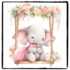 Cute Pink Elephant On A Swing Floral Pattern Design