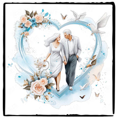 Older Couple in a Blue Heart Pale Pink Flowers Anniversary Design