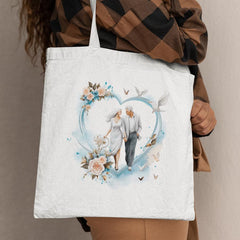 Older Couple in a Blue Heart Pale Pink Flowers Anniversary Design