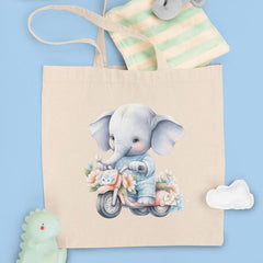 Cute Blue Elephant Riding Scooter Floral Pattern Design