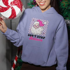 Don't Stop Believe Pink Santa Claus Checkerboard Funky Christmas Design