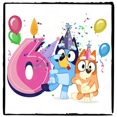 Happy Bluey & Bingo Character 6th Birthday Pink Number Design
