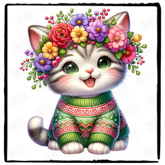 Cute Happy Kitten Flower Wreath Sweater Cat Design